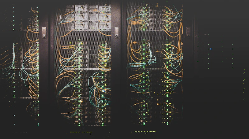 Racks de servidores com cabeamento estruturado em azul